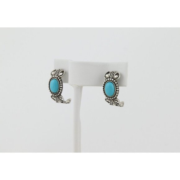 Sterling Silver Blue Turquoise Half Hoop Earrings Avon 3/4" x 3/8" - Picture 3 of 8